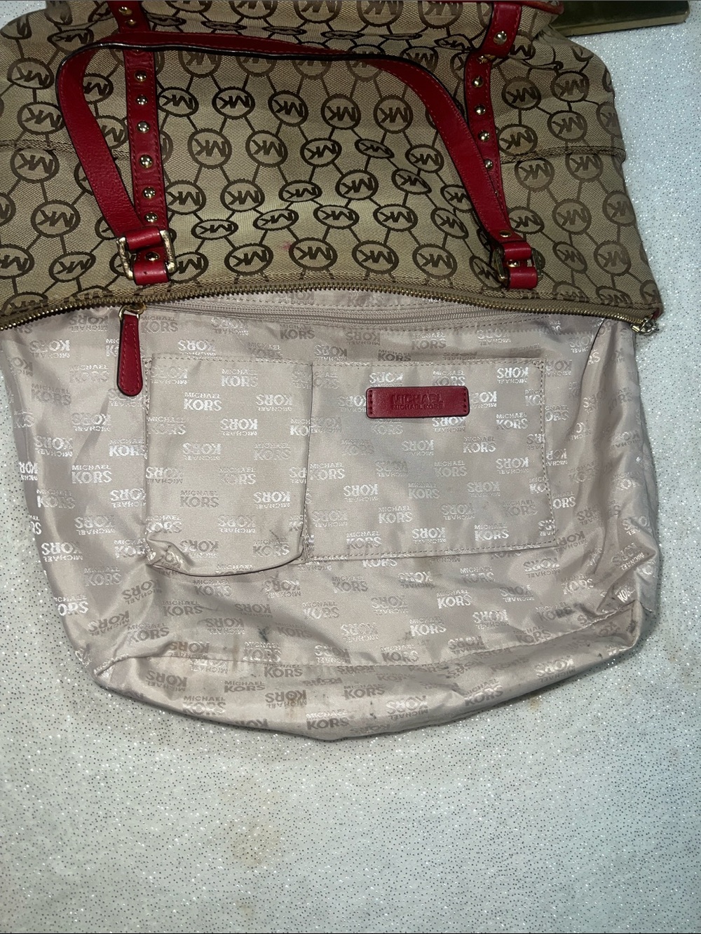 Michael Kors Beige Logo Tote with Red Trim - Picture 7 of 11